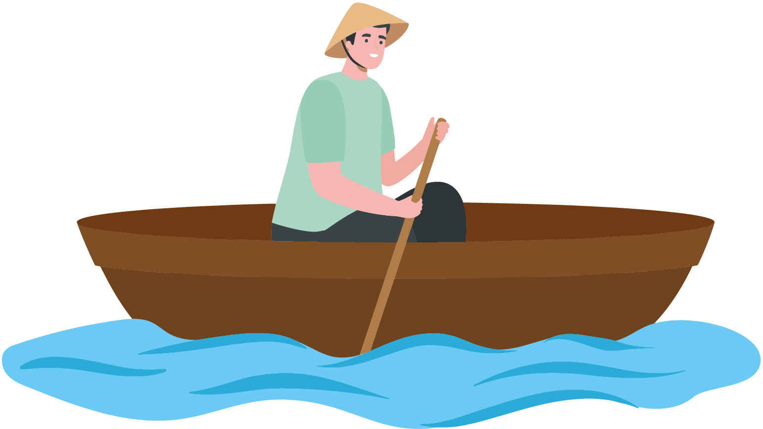 A farmer paddle a boat